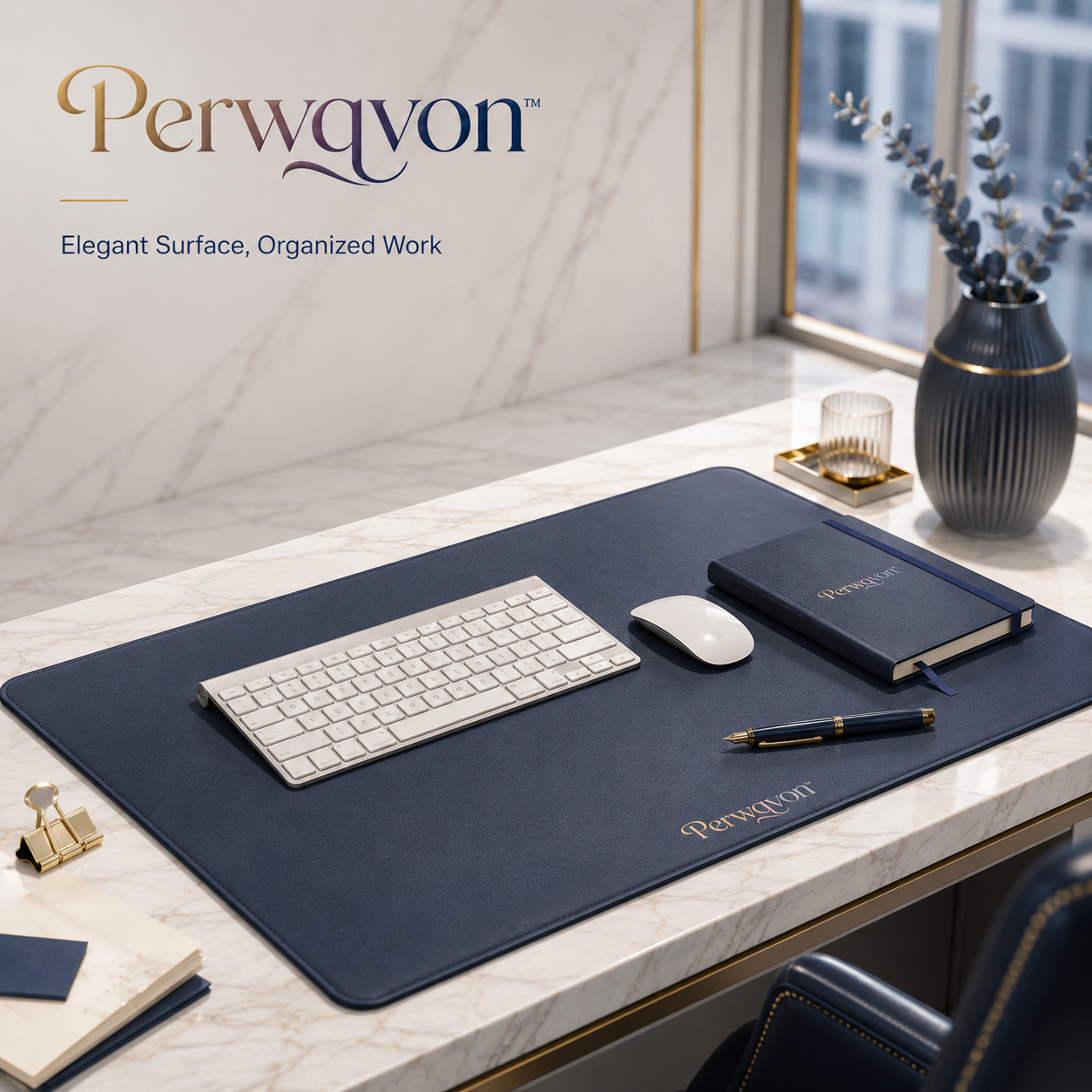 Perwqvon™ Atelier Vegan Leather Desk Mat | Large Waterproof Desk Pad, Extended Keyboard and Mouse Mat, Non-Slip Home Office Desktop Protector