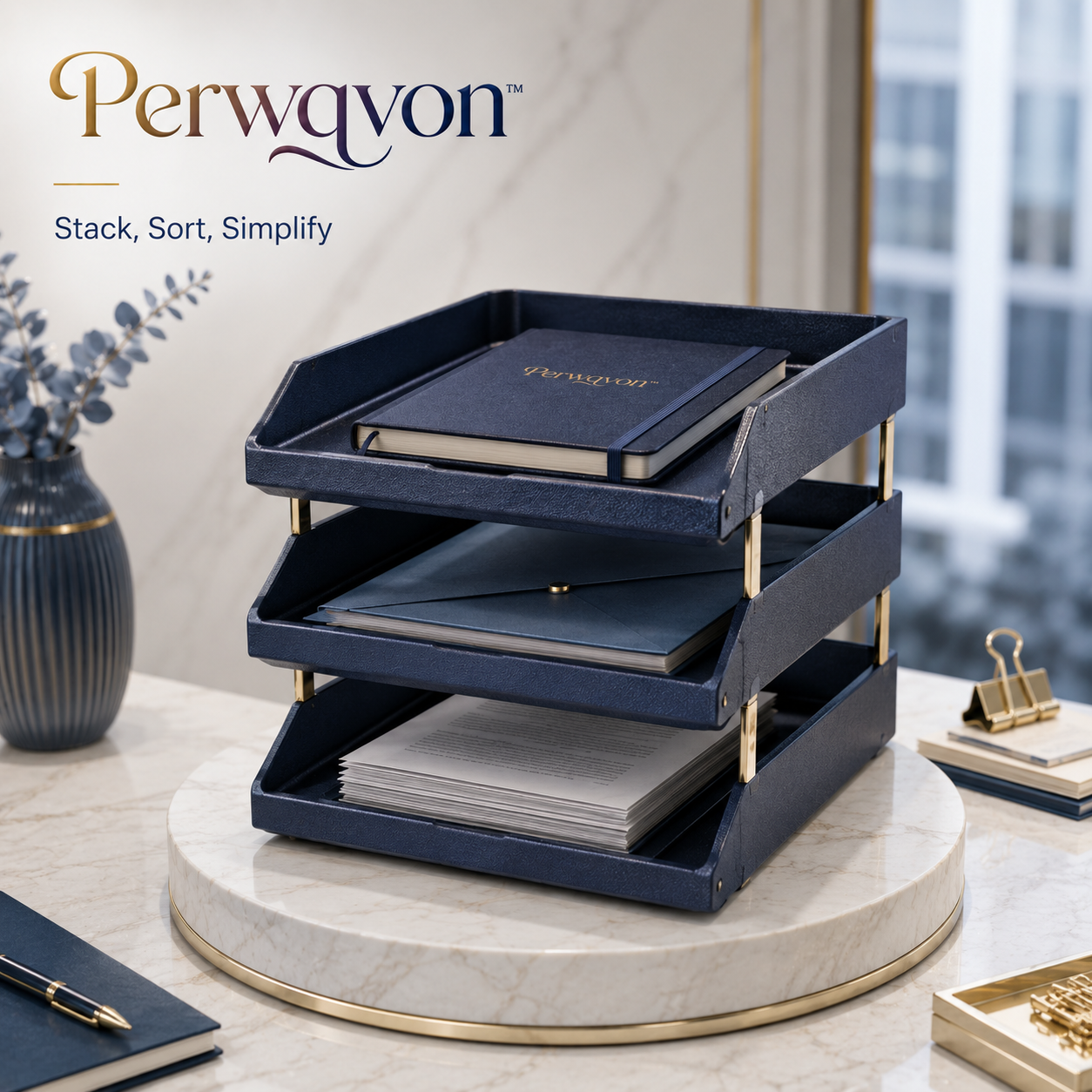 Perwqvon™ Cascade Stackable Letter Tray Set | 3-Tier Desktop Paper Organizer, Modular Document Trays for Files, Mail, Notebooks and Office Supplies