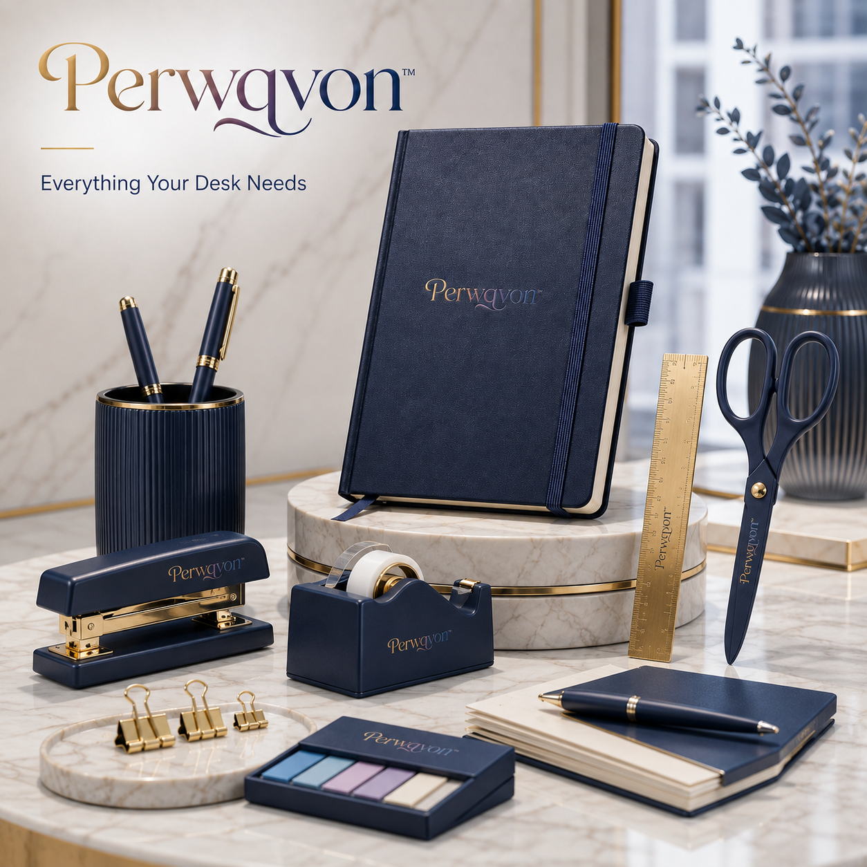 Perwqvon™ Maison Complete Office Essentials Gift Set | 12-Piece Premium Stationery Kit with Hardcover Notebook, Metal Pen, Stapler, Tape Dispenser, Scissors and Desk Accessories