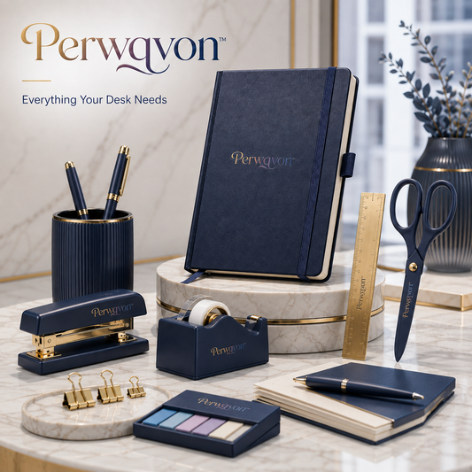 Perwqvon™ Maison Complete Office Essentials Gift Set | 12-Piece Premium Stationery Kit with Hardcover Notebook, Metal Pen, Stapler, Tape Dispenser, Scissors and Desk Accessories