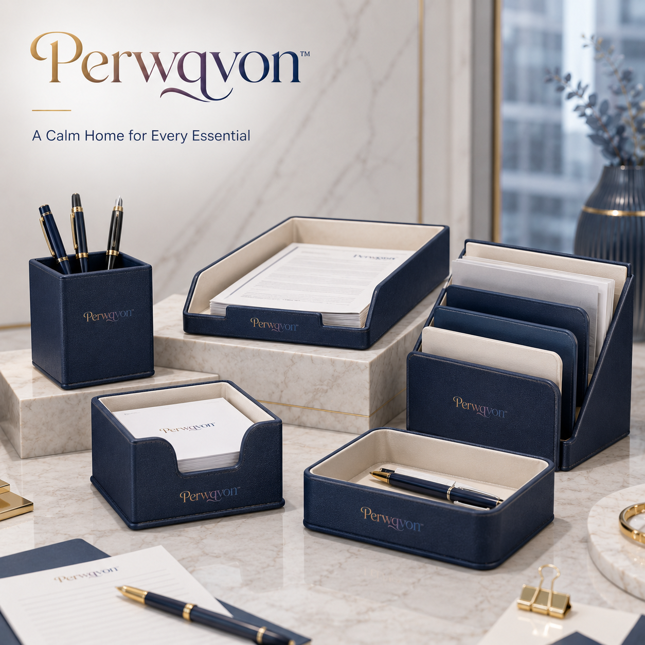 Perwqvon™ Harmonia 5-Piece Desk Organizer Set | Premium Desktop Accessories Kit with Pen Cup, Letter Tray, Note Holder, Catchall Tray and File Sorter