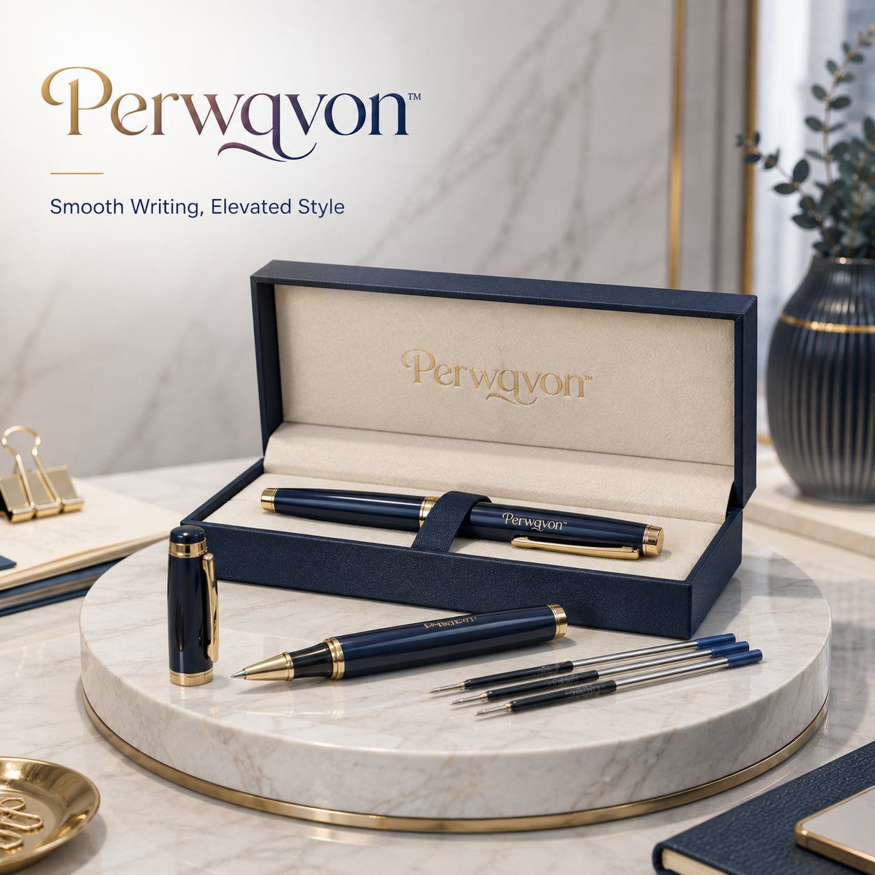 Perwqvon™ Élan Refillable Rollerball Pen Set | Executive Writing Pen Gift Set, Smooth Black Ink Metal Pens with Refill Cartridges and Presentation Case