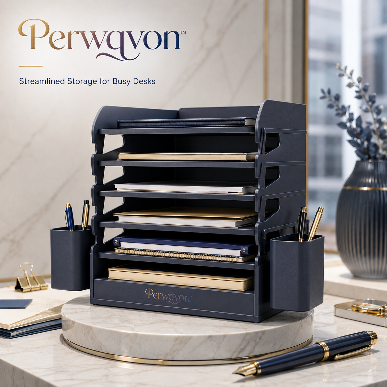 Perwqvon™ Meridian Desktop File Organizer | 6-Tier Metal Letter Tray, Vertical Document Sorter with Removable Pen Holders for Home Office and Paper Storage