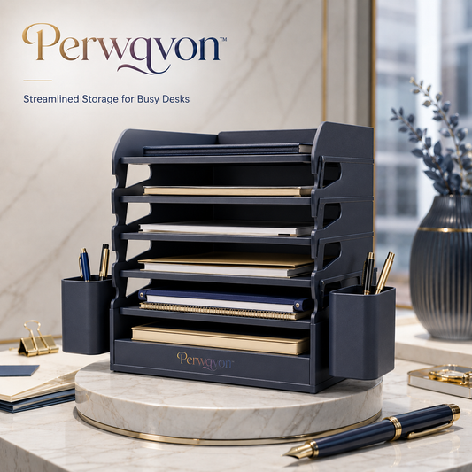 Perwqvon™ Meridian Desktop File Organizer | 6-Tier Metal Letter Tray, Vertical Document Sorter with Removable Pen Holders for Home Office and Paper Storage
