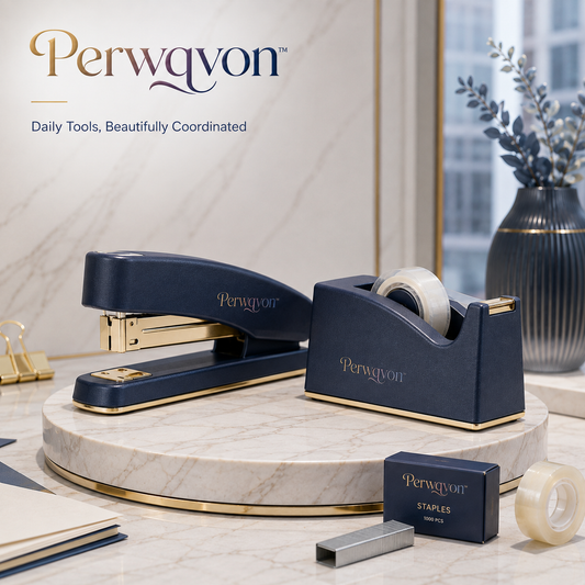 Perwqvon™ Solenne Stapler and Tape Dispenser Duo | Coordinated Desktop Office Set, Full-Size Stapler with Matching Weighted Tape Holder and Starter Supplies