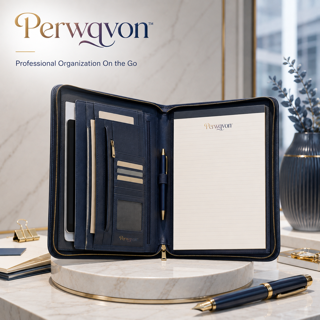 Perwqvon™ Ascend Professional Document Portfolio | Zippered Business Padfolio, Letter-Size Writing Folder with Notepad, Card Slots, Pen Loop and Tablet Pocket